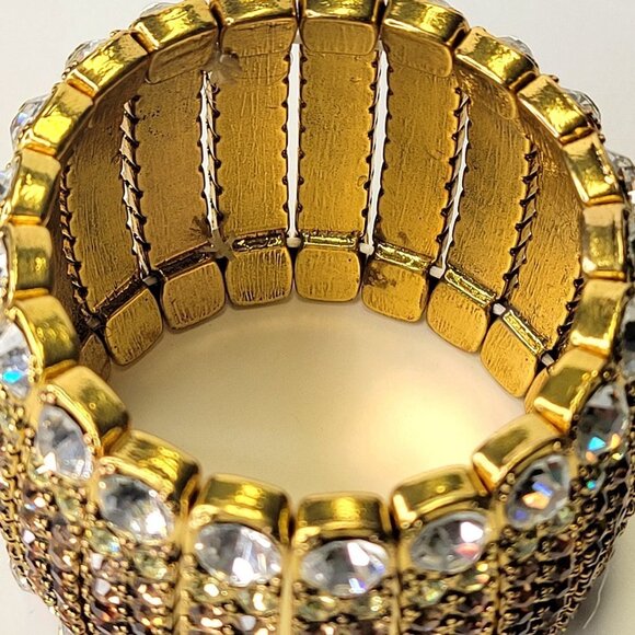 Shimmering Clear Rhinestone Sparkly Gold Tone Formal Thick Bracelet - Picture 9 of 13